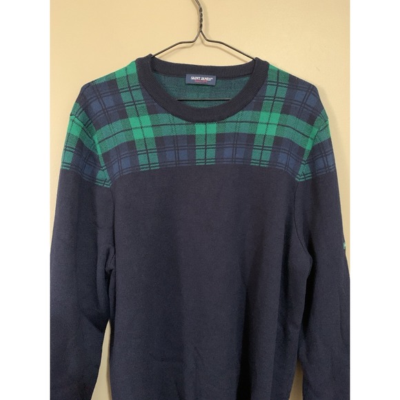 Saint James Sweater New Wool Navy Green Plaid Elbow Patches Men's Size 48 - Picture 5 of 16